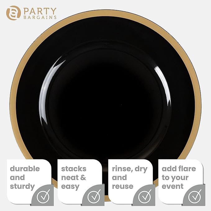 PARTY BARGAINS 13-Inch Charger Plates - 48 Pack, Black Gold Rim, Heavy-Duty Disposable Chargers for Elegant Dining - Ideal for Weddings and Formal Events