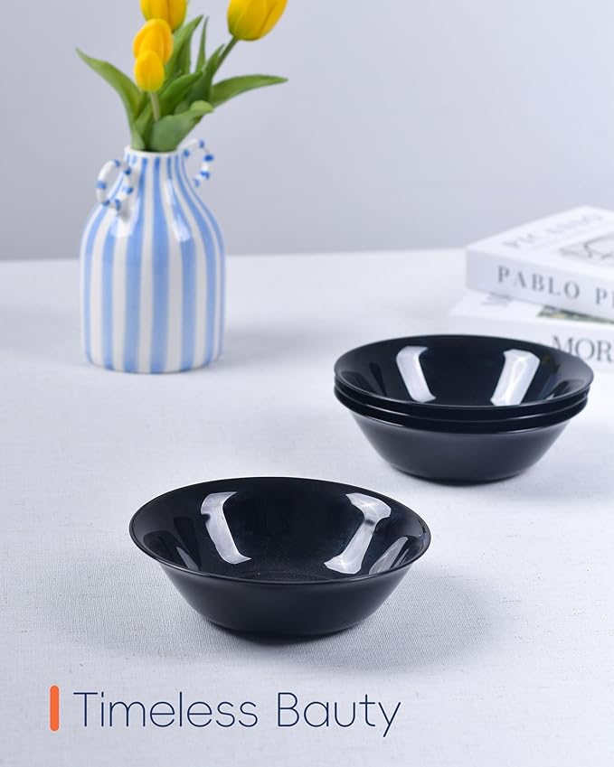14 OZ (16 OZ MAX) Black Opal Glass Cereal Bowl Set of 6, 6.5 inch Dishwasher & Microwave Safe Round Bowls for Soup, Salad and Rice