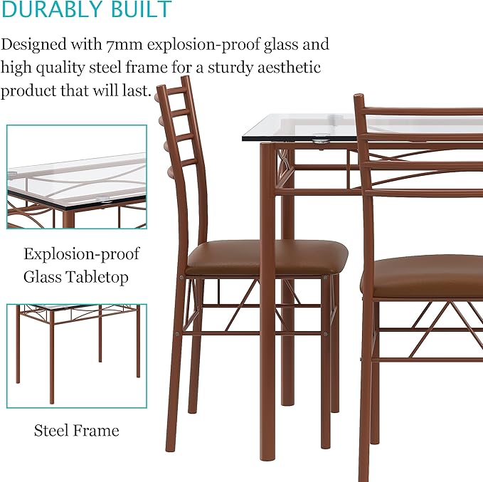 VECELO Dining Table Set for 4, 5-Piece Glass Kitchen Table with Upholstered Padded Chairs for Small Space, Breakfast Nook, Space-Saving, Vintage Brown