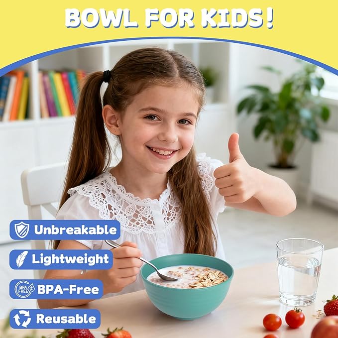Wheat Straw Bowls Set of 6, 26 OZ Unbreakable Cereal Bowls for Family Meals, Reusable Dishes for Soup, Salad, Snacks, Microwave and Dishwasher Safe, for Kitchen, Camping, RV, Green