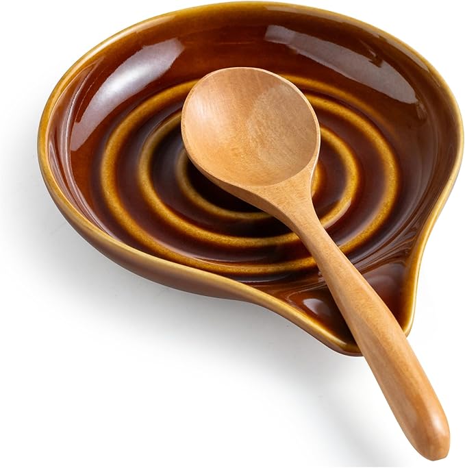 LAUCHUH Spoon Rest, 5 inches Large Ceramic Spoon Rest for Stove Top Cooking Spoon Holder for Kitchen Counter Spatula Holder for Tongs, Ladle, Fork, Heat-Resistant, Dark Brown