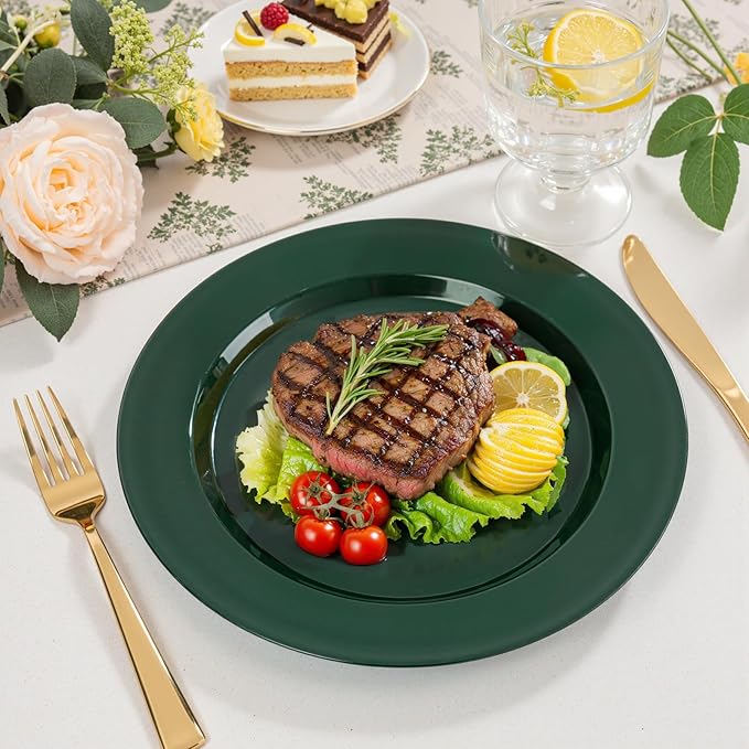 FLOWERCAT 200PCS Dark Green Plastic Plates Disposable Plates for Party - Heavy Duty Plastic Plates - 10" &7" Plate for 100 Guests New Year Parties and Events