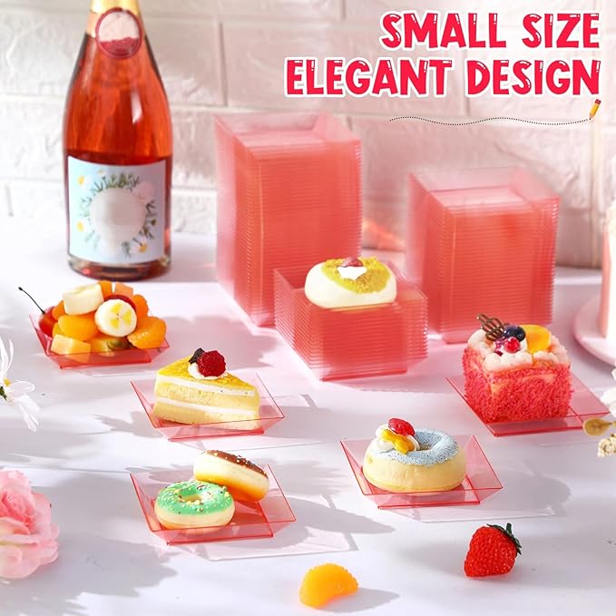 Zhehao 100 Pcs Plastic Dessert Appetizer Plates Disposable, 3.6 x 3.6 Inch Small Square Plastic Dessert Cake Plate for Party, Valentine's Day Wedding Birthday Bridal Baby Shower Supplies (Red Clear)