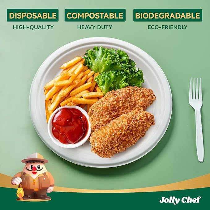 JOLLY CHEF Compostable Heavy Duty Plates 𝟭𝟬 𝗜𝗻𝗰𝗵 [𝟯𝟬𝟬 𝗣𝗮𝗰𝗸] Eco-Friendly Disposable White Uncoated Paper Plates Bagasse Sugarcane Biodegradable for Hot Cold Food Party Dinner Weddings