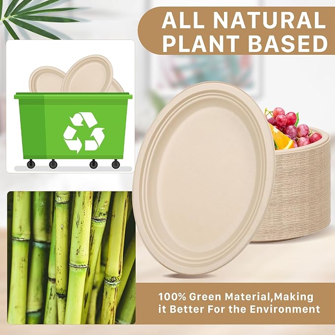50 Pack Oval Paper Plates, 12 Inch Disposable Paper Plates Heavy Duty,Compostable Oval Plate, Natural Bagasse Sugarcane Plate for BBQ Party Picnic Gathering, Natural Brown