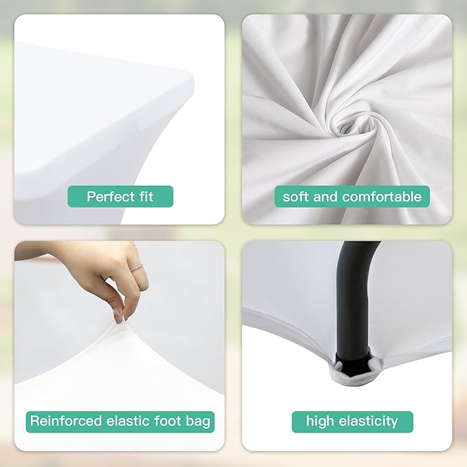 4FT Table Cloth for Rectangular Fitted Events Stretch White Table Covers Washable Spandex Tablecloth Protector for Party, Wedding, Cocktail, Banquet, Festival
