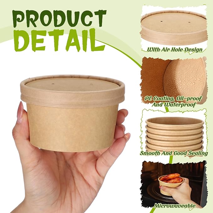 Fulmoon 100 Pack Paper Soup Containers with Lids Disposable Paper Food Containers with Vented Lid Kraft Ice Cream Cake Dessert Cups Soup Bowl for Party Hot Food Fruit Microwave(6 oz,Brown)