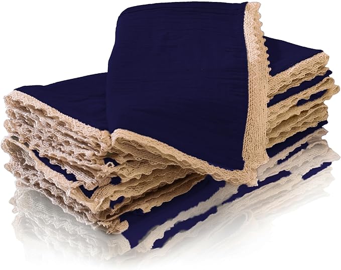 FINGERCRAFT Dinner Cloth Napkin Cotton Muslin Double Gauze 12 Pack with Classic Lace for Everyday Use, Wedding, Christmas, Easter Napkins Cloth are Pre Shrunk and Good Absorbency Bellwether Blue