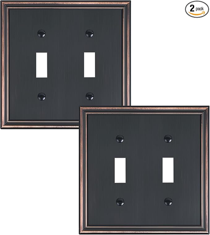 2-Pack Double Toggle Light Switch Cover Plate, Durable Solid Zinc Alloy Decorative Dual Switch Plate Covers, Aged Bronze 2 Gang Wall Plate, Corrosion Resistant