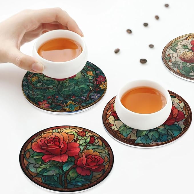 Rose Coasters for Drinks with Holder Round Leather Coasters Set of 6 Cups Mugs Mat Pad for Home Kitchen Bar