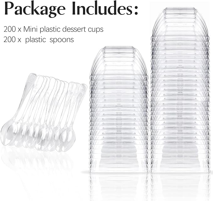TOFLEN 200ct 2 oz Mini Dessert Cups with Spoons, Clear Plastic Reusable Small Party Serving Cups for Appetizers, Hors D'oeuvres Plates