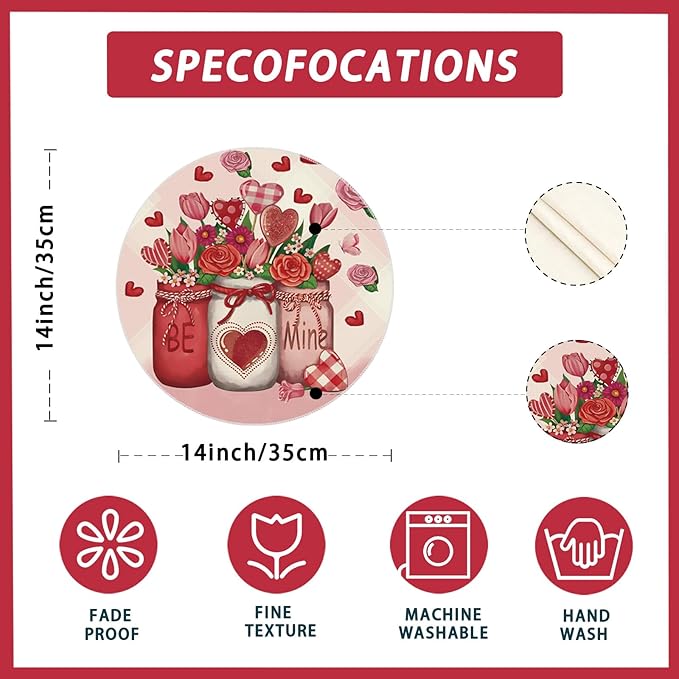 XCHI Roses Flowers Love Hearts Vase Valentine’s Day Round Placemats Set of 4 Table Mats for Party Home Kitchen Dining Table Decorations 14x14 Inch