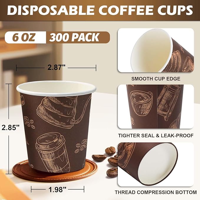 300 Pack 6 oz Disposable Paper Cups, Food Safe Paper Coffee Cups Hot Cold Beverage Drinking Cup for Coffee, Water, Tea, Juice, Espresso