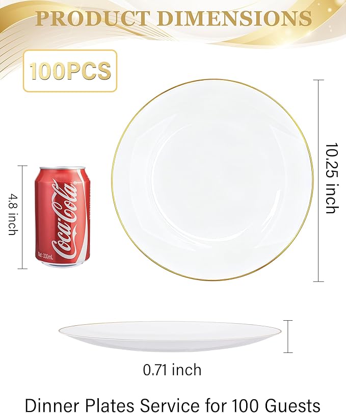 Nervure 100 Pieces Gold Plastic Plates - 10.25 inch Gold Dinner Plates - Heavyweight White and Gold Disposable Plates Ideal for Wedding & Party