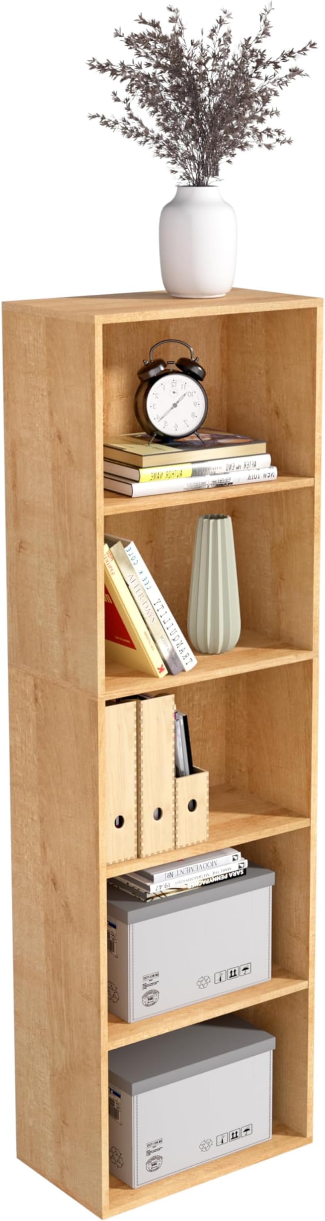Wooden 5 Cube Storage Organizer, Oak 5 Tier Bookcase Bookshelf Freestanding Storage Display Organizer, Versatile Cubes Open Shelf and Cubby Unit for Living Room, Home Office, Dinning Room 15.7inch