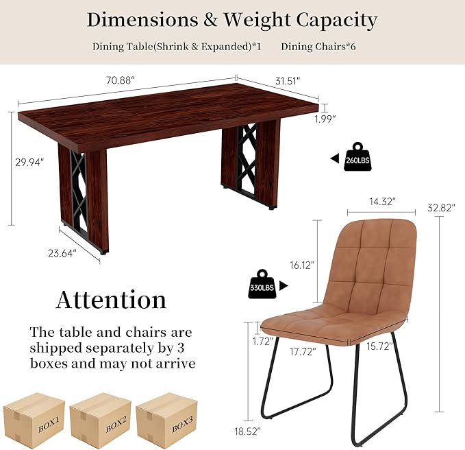 7-Piece Dining Table Set for 6 People, 70.8" MDF Kitchen Table with 6 Upholstered Chairs, Space-Saving for Dining Room, Breakfast Nook(Walnut Table+6 Brown Chairs)