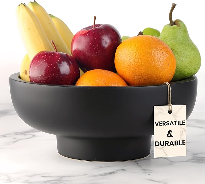Handmade Concrete Bowl - 10x5x4.25 Inch Decorative Centerpiece Bowl for Fruits, Coffee Table, Kitchen Counter, Entryway or Shelf - Modern Minimalistic Decor (Black)