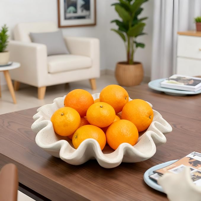 10" Large Handmade Decorative Bowl decor, Handicraft Scalloped Bowls for Modern Home Decor,Ruffle Decor,Key Bowl for Entry Table,Decorative Fruit Bowl for Kitchen Counter,Light Gray