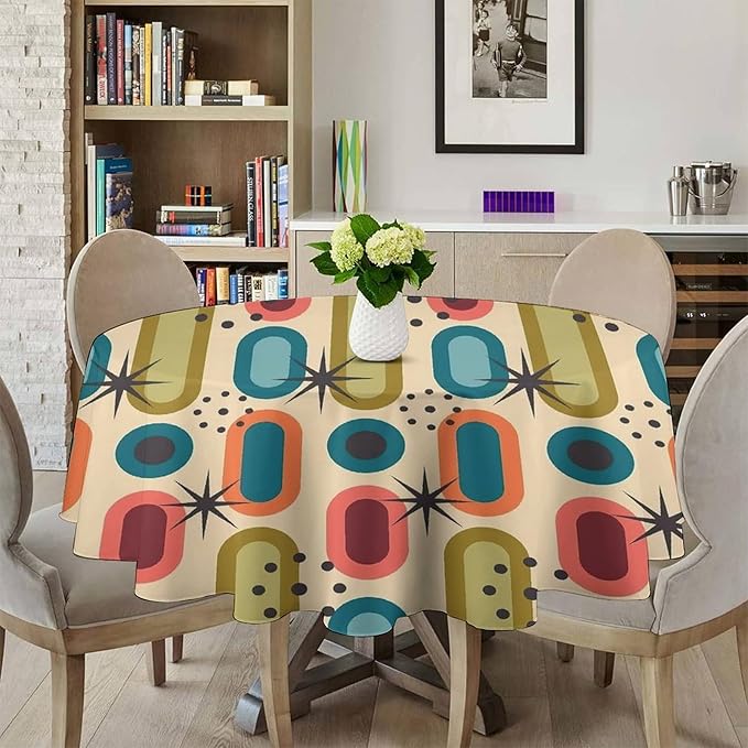 Mid Century Bohemian Round Tablecloth, Modern Medieval Geometric Abstract Print Tablecloth for Home Party Dining Room Kitchen Decor 60Inch(152cm)