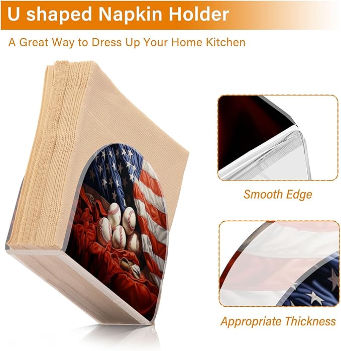 Napkin Holder American Flag Baseball Crystal Clear Acrylic Napkin Holders Paper Napkin Holder Dining Table Dispenser for Kitchen Restaurant Home Decor Bar Accessories