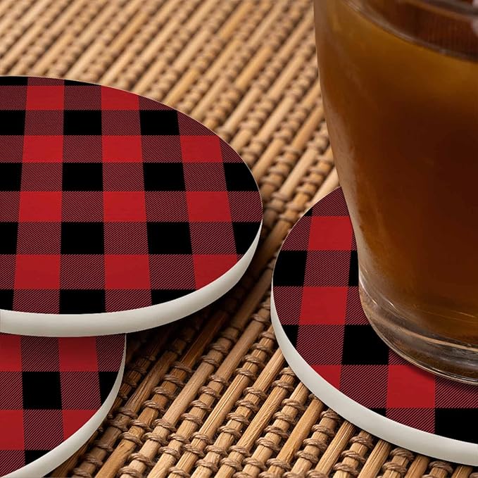 Lumberjack Plaid Pattern Coasters for Drinks 2 Pack Classic Black and Red Buffalo Plaid Tabletop Protection Kitchen and Coffee Table Décor & Accessories,Set of 2