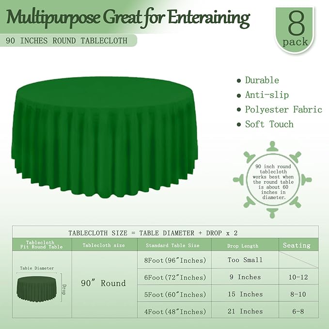 8 Pack Round Tablecloth 90 Inch Green Table Cloth for Round Tables, Washable Polyester Tablecloth Stain and Wrinkle Resistant Decorative Table Cover for Wedding Party Dining Banquet
