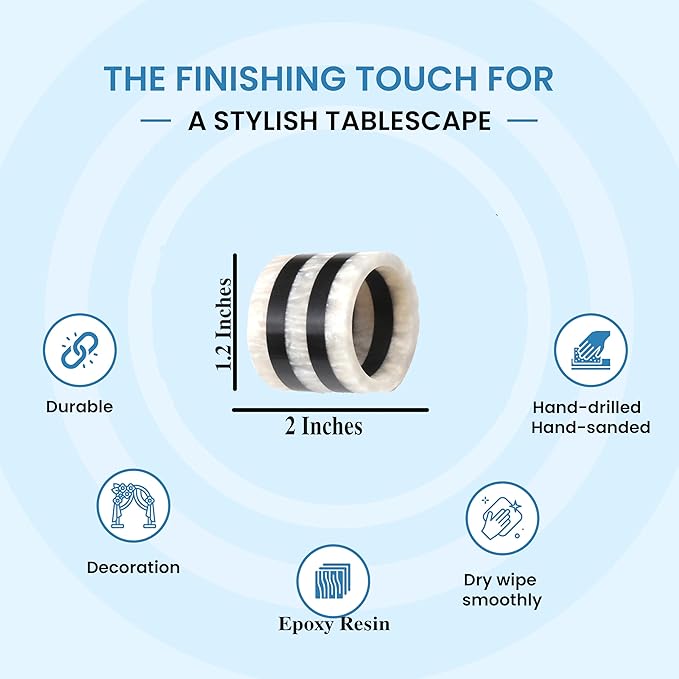 CLEENTABLE Epoxy Resin Napkin Rings - 12-Pcs Handmade Elegant Napkin Holders for Table Décor, Dining, Weddings, Holidays & Special Events - Durable & Lightweight, Easy to Clean (Black White)