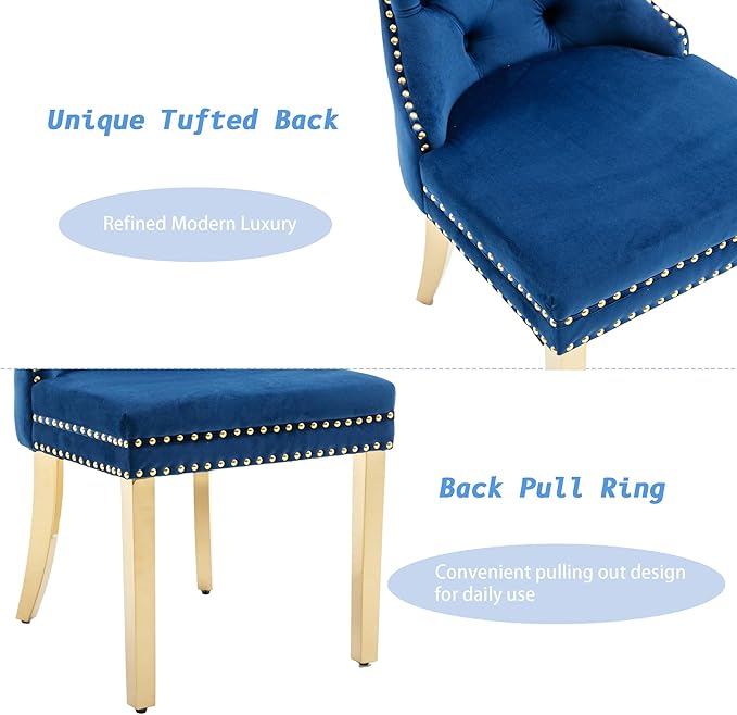 KCC Velvet Dining Chairs Set of 2, Upholstered High-end Tufted Dining Chair with Nailhead Back Ring Pull Trim Stainless Steel Legs, Contemporary Nikki Collection Modern Style for Kitchen, Blue