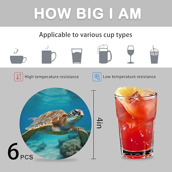 Drink Coasters for Drinks Set of 6,Sea Turtles Absorbent Round Ceramic Stone Mat Coaster, with Cork Base and Metal Holder, Home Bar Decor House Warming Gift