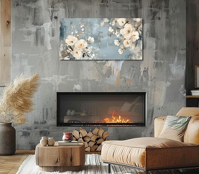 ADJUVANT Wall Art Vintage Floral 60" L x 30" W, Creamy Flowers On Distressed Blue Background Canvas Painting Blossoms Artwork Prints Floral Wall Decor for Living Room Bedroom Dining Room Home Office
