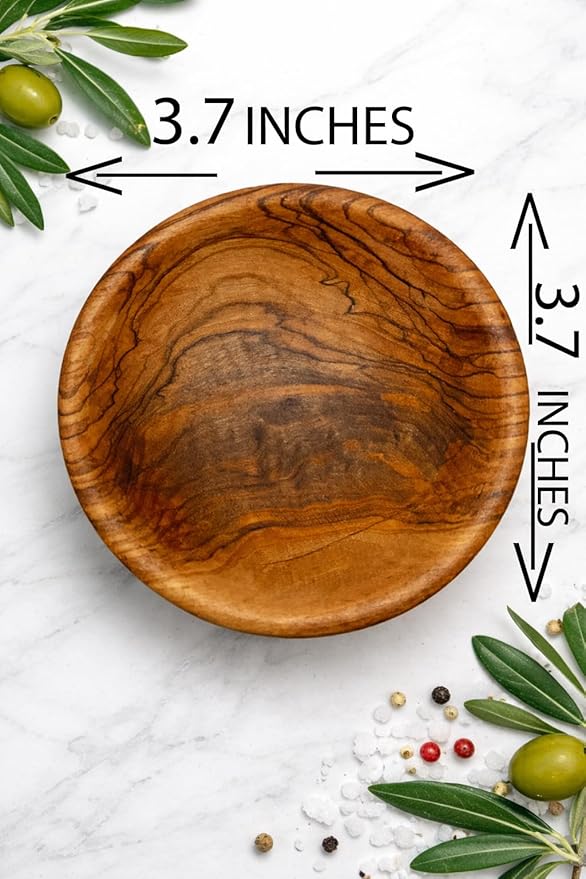 Zuluf Olive Wood Small Serving Bowl Plate Made in Bethlehem - Very Small 3.7 Inch Handcrafted Wooden Dish for Food Display, Snacks, Nuts, Dips, Appetizers & Rustic Kitchen Decor