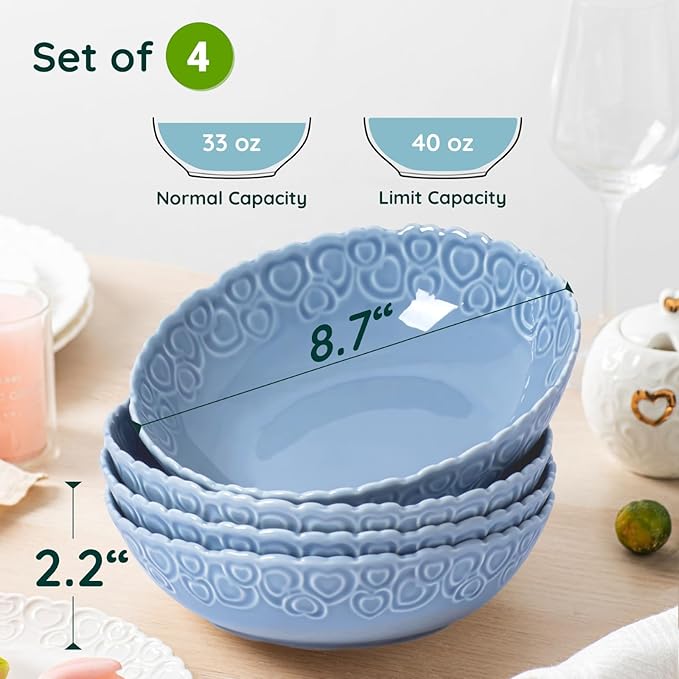 HOMBENE Heartbeat Pasta Bowls Set of 4, 40oz, Porcelain Wide and Shallow, Soup, Pasta, Noodle, Dinner, Large Salad Bowls Soup Bowl for Kitchen, Microwave & Dishwasher Safe (Celestial Blue)