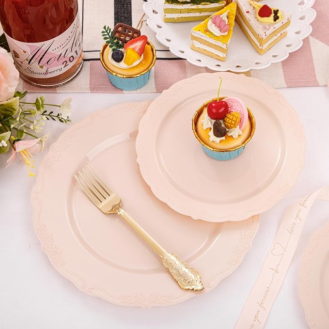 DaYammi 150Pcs Pink Plastic Plates & Gold Plastic Silverware,Pink Disposable Plates for Party Include 30 Dinner Plate,30 Dessert Plate,30 Gold Forks and 30 Spoons, 30 Knives for Wedding Bridal Shower