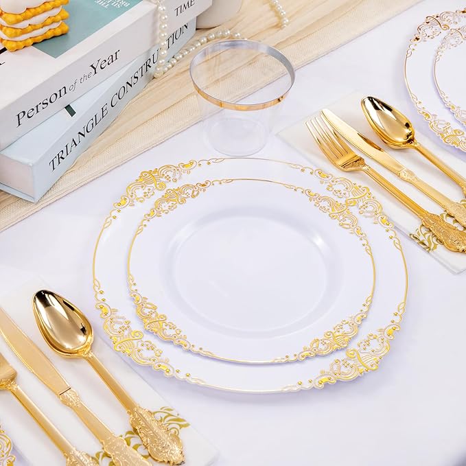 Hioasis 350pcs White and Gold Plates - White Party Plates for 50 Guest, Include 100 Heavy-duty Plates(20% Thicker Than Standard), 150 Cutlery Set, 50 Napkin, 50 Cups