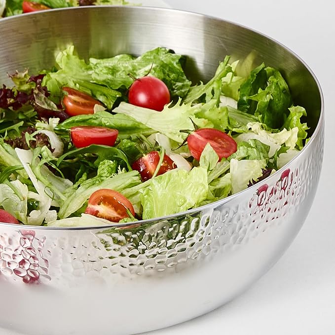150oz Stainless Steel Hammered Salad Bowl, Large Fruit Popcorn Serving Bowl