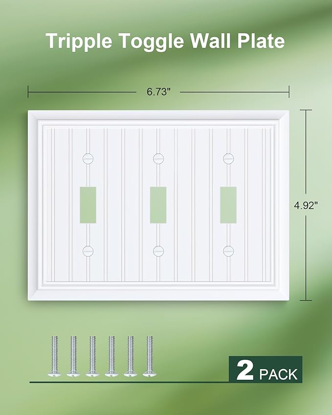 2-Pack Classic Beadboard Triple Toggle Light Switch Cover Plate, Durable Natural Bamboo Fiber Decorative Switch Plate Covers, Pure White 3 Gang Wall Plate, Corrosion Resistant