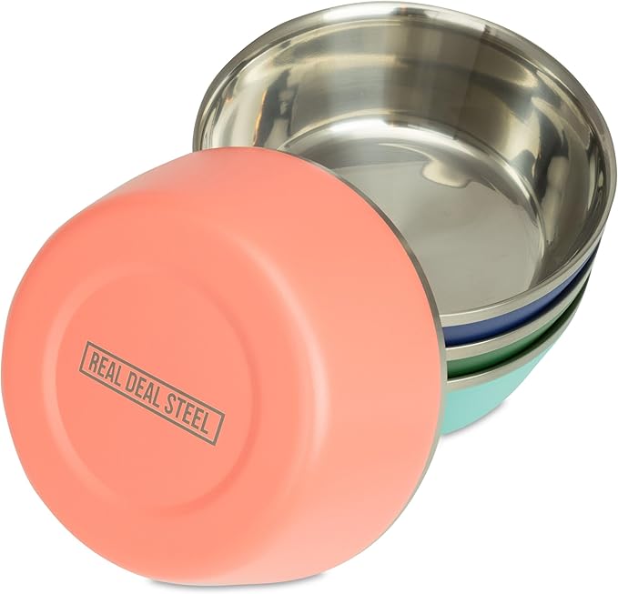 Stainless Steel Insulated Bowls for Kids and Adults - Set of 4-20 Oz Double Wall Metal Bowls for Ice Cream, Soup, Cereal, Snack, Rice Dish, Camping (Assorted 2 (Navy, Green, Teal Blue, Coral))