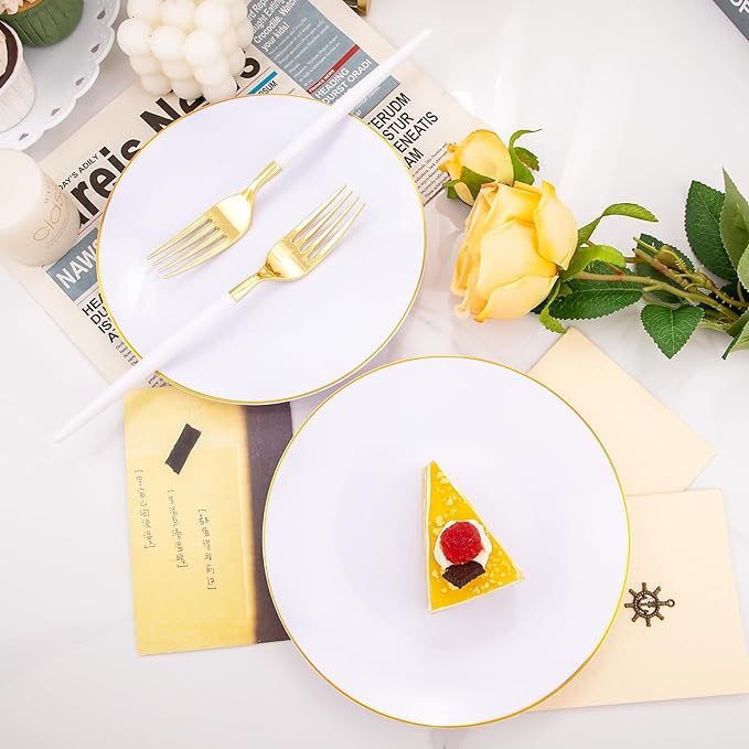 I00000 72PCS White Plastic Dessert Plates 7.5" with 72PCS Disposable Forks 8.5", Disposable White Dessert Plate, Fancy Salad Plates with Gold Rims Perfect for Wedding