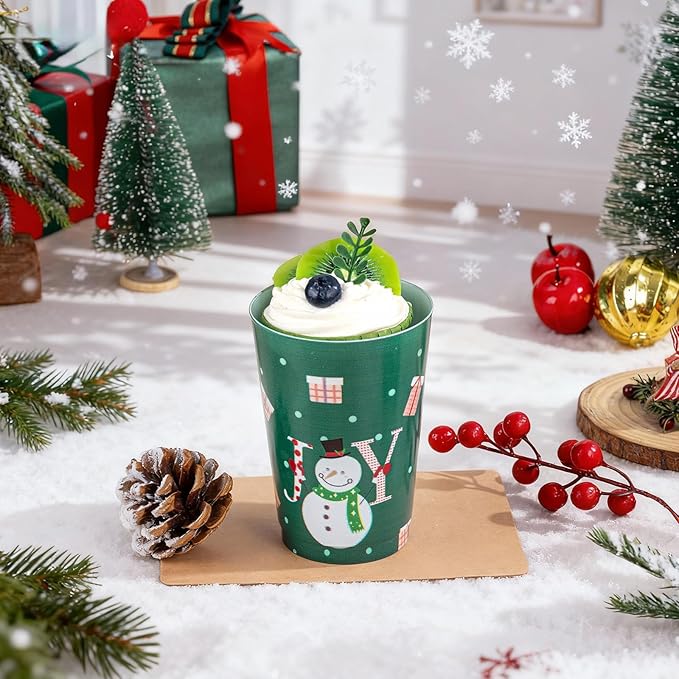 I00000 50Pcs 12oz Snowman Pattern Design Christmas Plastic Cups, Premium Disposable Cups, Green Xmas Party Cup with Santa Claus Pattern Design, Perfect for Christmas Party