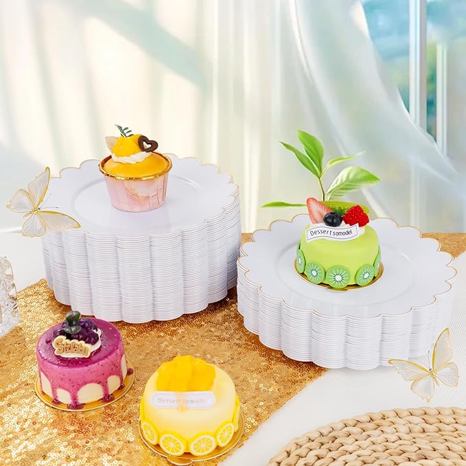 LIYH 100 Pcs Gold White Dessert Plates - 7.5" Disposable Fancy Cake Plates - White with Gold Rim Premium Hard Appetizer Cake Plastic Wedding Plate for Party,Bridal Shower,Birthday,Valentine's Day