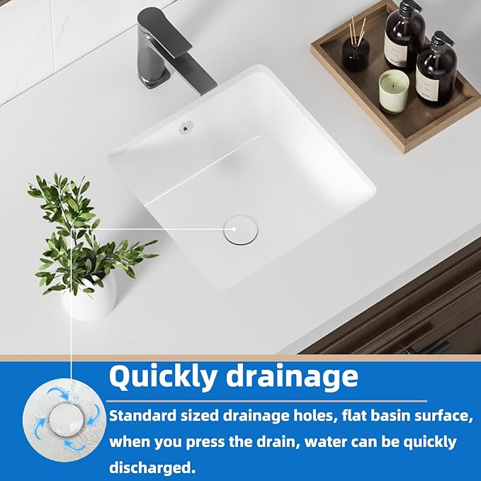14 Inch Small Square White Undermount Bathroom Sink 13.75" x 13.75" Vanity Under Counter Basin Rectangle Vessel Sink Opening Size 11.5" x 11.5" Lavamanos Para Baños KINGWONG