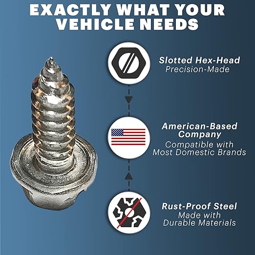 License Plate Screw Kit - Set of 4 Stainless Steel Screws for Front and Back License Plates, Frames and Covers on Domestic Cars, Trucks, SUVs - Rustproof, Self Tapping Mounting Bolts (Stainless Steel)