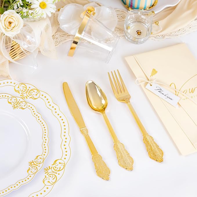 Ciaell 350 PCS Gold Plastic Plates - White and Gold Plates - Gold Disposable Plates Include 50 Disposable Plate, 150 Heavy Duty Silverware, 50 Cups, 50 Napkins for Wedding & Party
