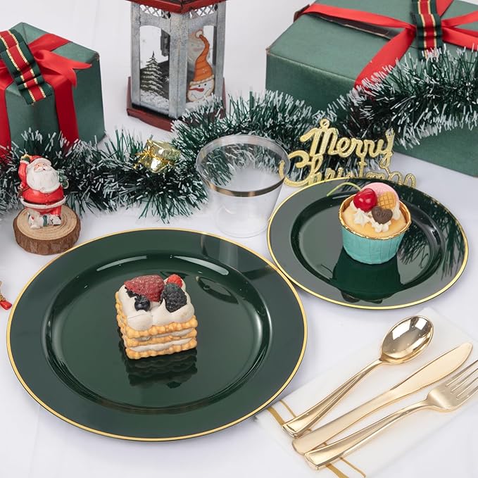 SUT 350PCS Green and Gold Plastic Plates for 50 Guests, Disposable Plates and Napkins Party Supplies, Gold Plastic Silverware, Plates, Cups and Napkins Sets，Party Plates and Cups and Napkins Sets