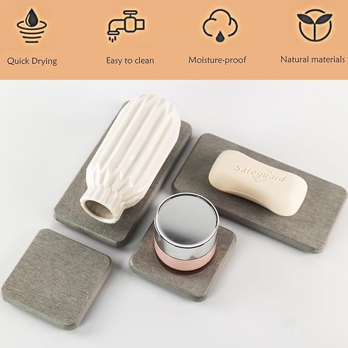 Water Absorbent Stone Tray for Sink, Quick-Drying Diatomite Soap Dish, Modern Home Kitchen & Bathroom, 2pcs 3.15 x 3.15in + 2pcs 6.3 x 3.15in, Grey