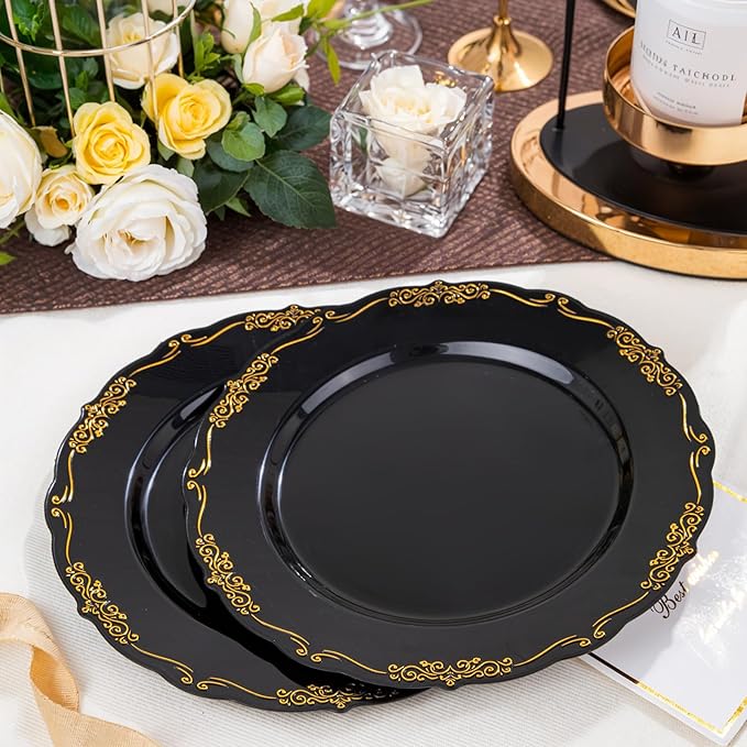 DaYammi 60PCS Black and Gold Plastic Plates, Heavy Duty Black and Gold Disposable Plates Premium 10inch Dinner Plate Hard Plastic Plate Disposable for Party and Wedding