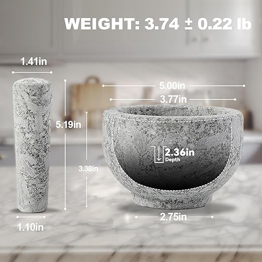 Koville Natural Marble Mortar and Pestle Set, 5" Heavy Duty Granite Grinder for Kitchen, Guacamole, Salsa, Pill Crusher, Spice, Herb, Marble Bowl for Kitchen Counter, Granite Spice Grinder Bowl