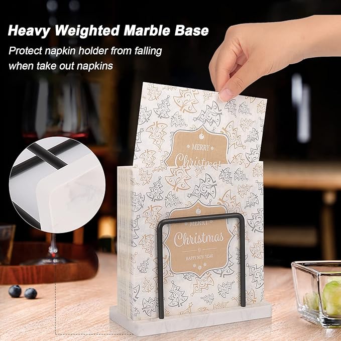 Livabber Napkin Holder, Metal Napkin Storage Modern Freestanding Tissue Paper Dispenser for Table Kitchen Countertop (Marble Base, Black)