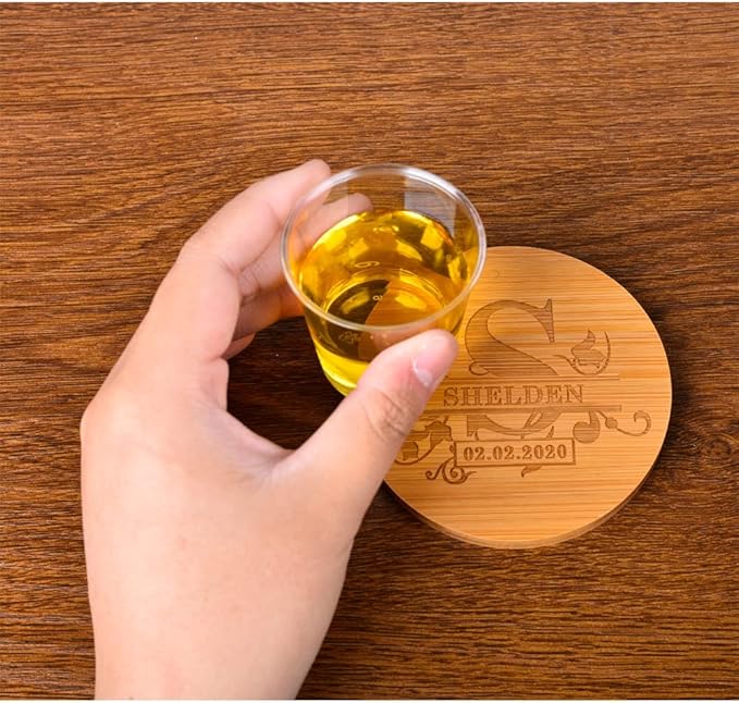 Personalized Bamboo Coasters, Custom Engraved Monogram Coasters with Holder, Great Gifts for Relatives, Friends or Yourself (Set of 6)