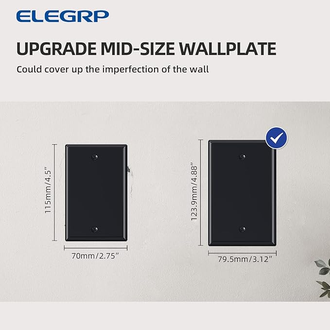 ELEGRP 1-Gang Blank Device Wall Plates, Mid-Size 4.88" H x 3.13" L Unbreakable Thermoplastic Blank Faceplate Cover for Unused Outlets/Switches, UL Listed (2 Pack, Glossy Black)